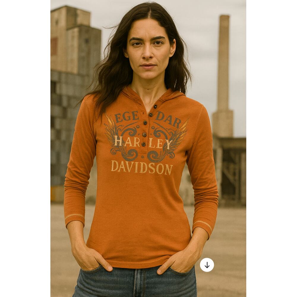 Harley-Davidson Embellished Henley Hoodie Burnt Orange Long Sleeve Women’s M
